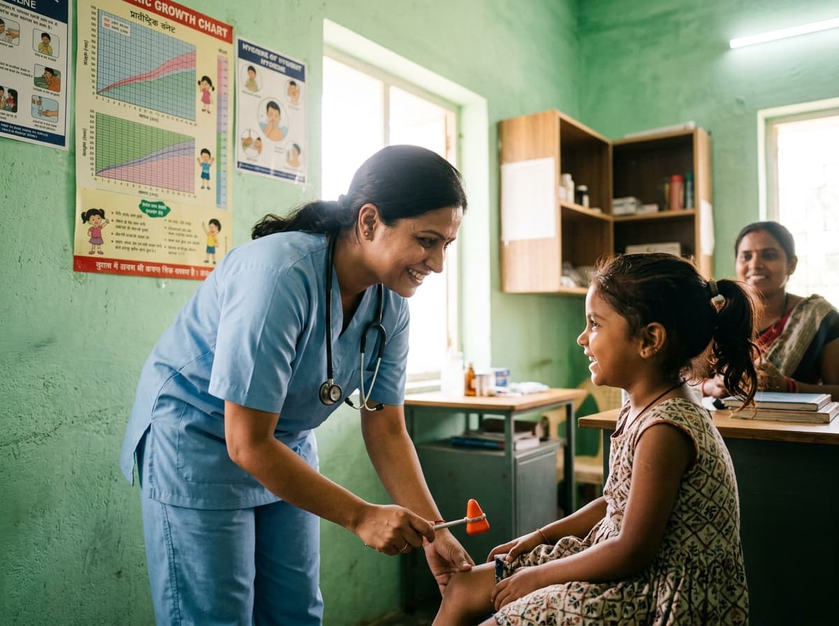 A health worker checking a young girl at a community clinic