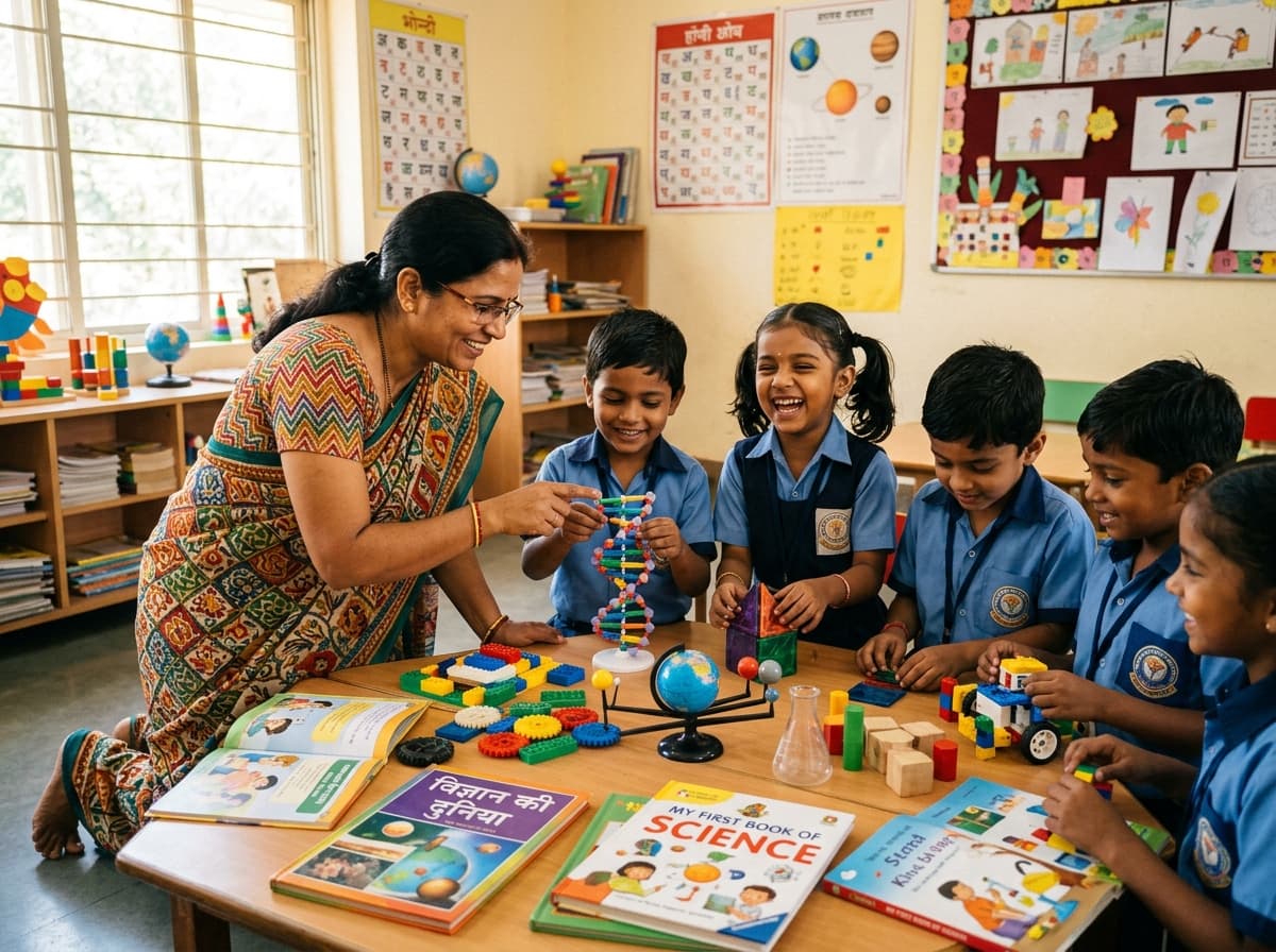 Children learning with science books and models alongside their teacher