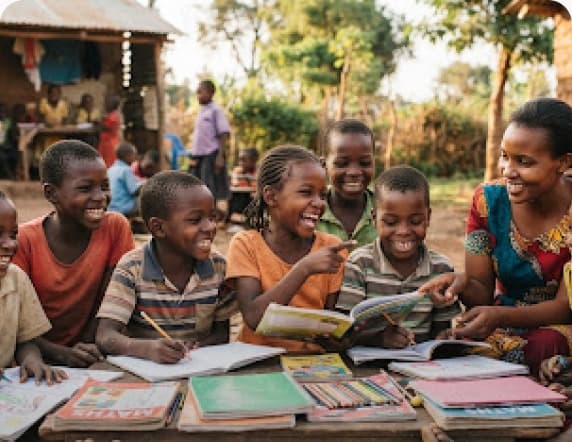 Children reading and learning together with a teacher