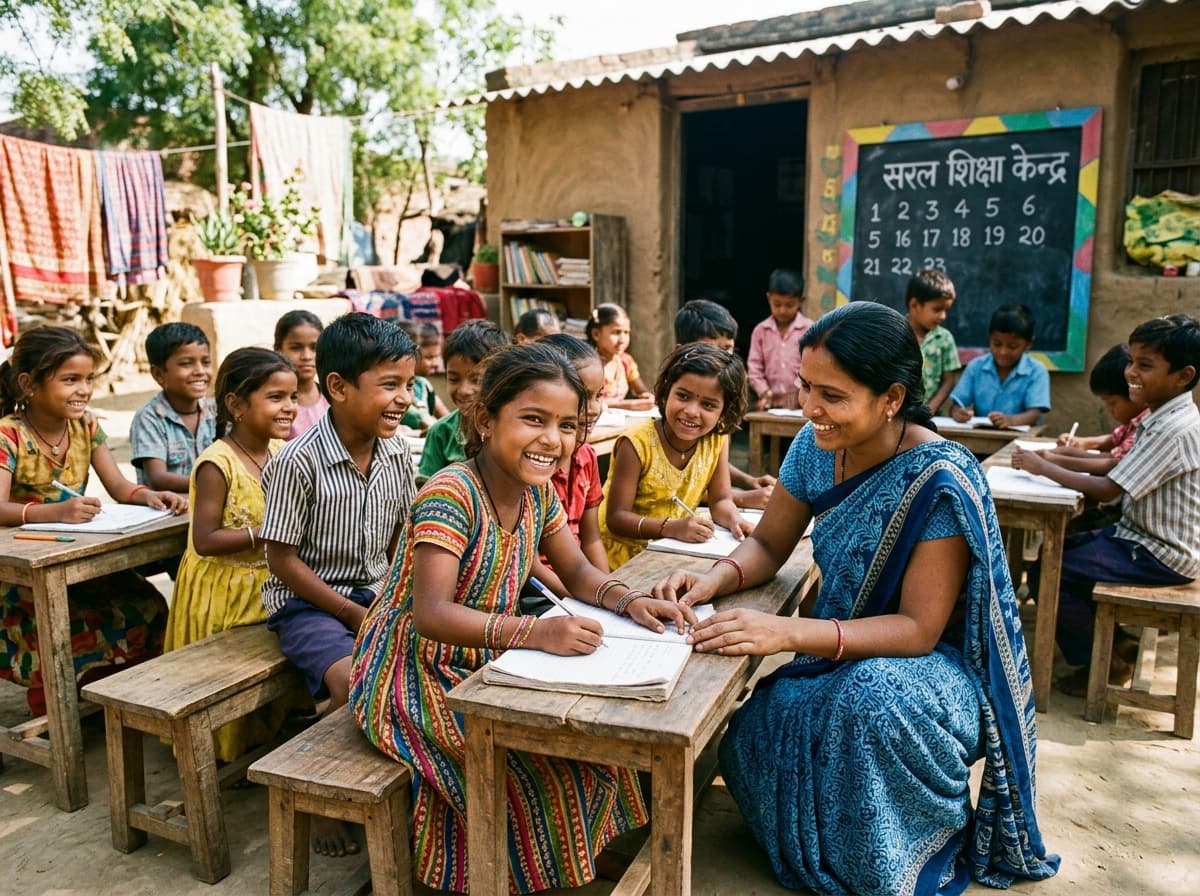 Authentic community learning space with smiling children and teacher in India